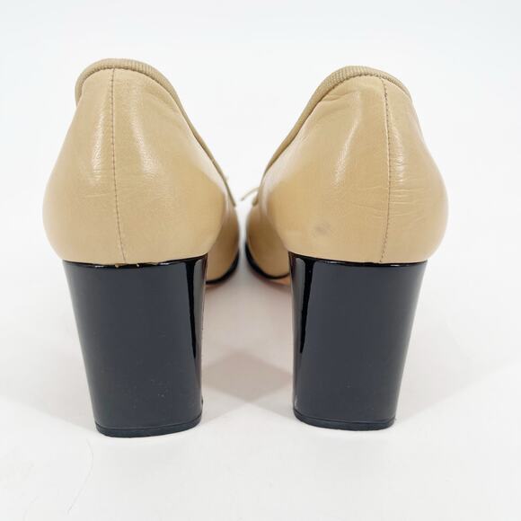 Vintage Chanel Beige Black Leather CC Cap Toe Bow Block Heel Pumps Shoes EU 39 - Picture 9 of 13